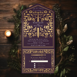Invitación Todo En Uno Eggplant Real Medieval Sword Boda