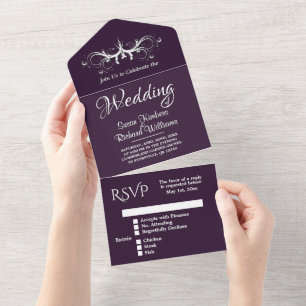 Invitación Todo En Uno Eggplant y White Tri Fold w Rsvp Boda