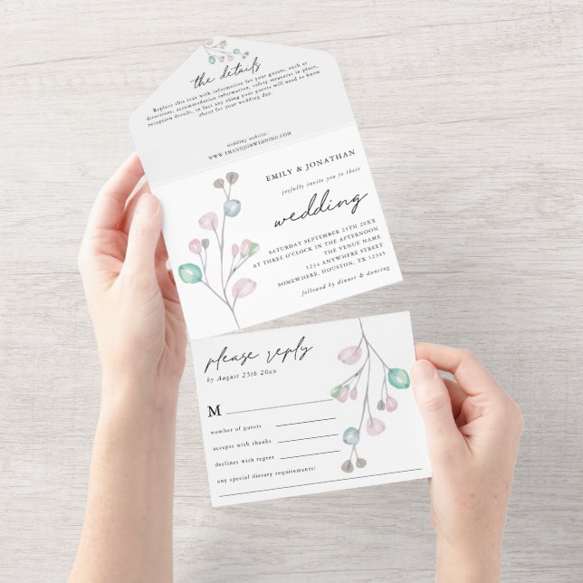 Invitación Todo En Uno El artista moderno Pastel deja a Boda Verde azulad (desgarro)