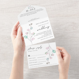 Invitación Todo En Uno El artista moderno Pastel deja a Boda Verde azulad