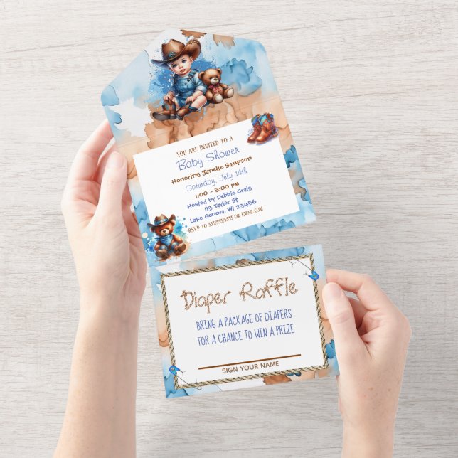 Invitación Todo En Uno El Baby Shower de Cowboy y Teddy Bear Boy (desgarro)