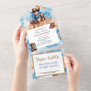 Invitación Todo En Uno El Baby Shower de Cowboy y Teddy Bear Boy