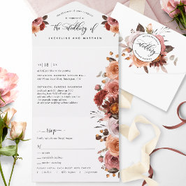 Invitación Todo En Uno El Boda floral de Rubor en Borgoña desgarró a RSVP