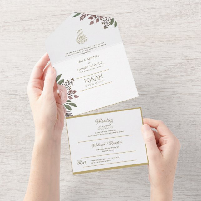 Invitación Todo En Uno El BODA islámico NIKAH WALLIMAH Gold Floral All In (desgarro)