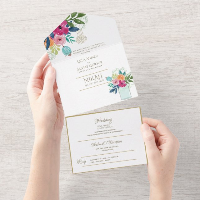 Invitación Todo En Uno El BODA islámico NIKAH WALLIMAH Gold Floral All In (desgarro)