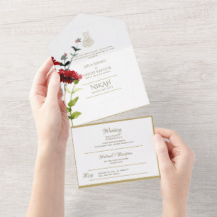 Invitación Todo En Uno El BODA islámico NIKAH WALLIMAH Gold Floral All In