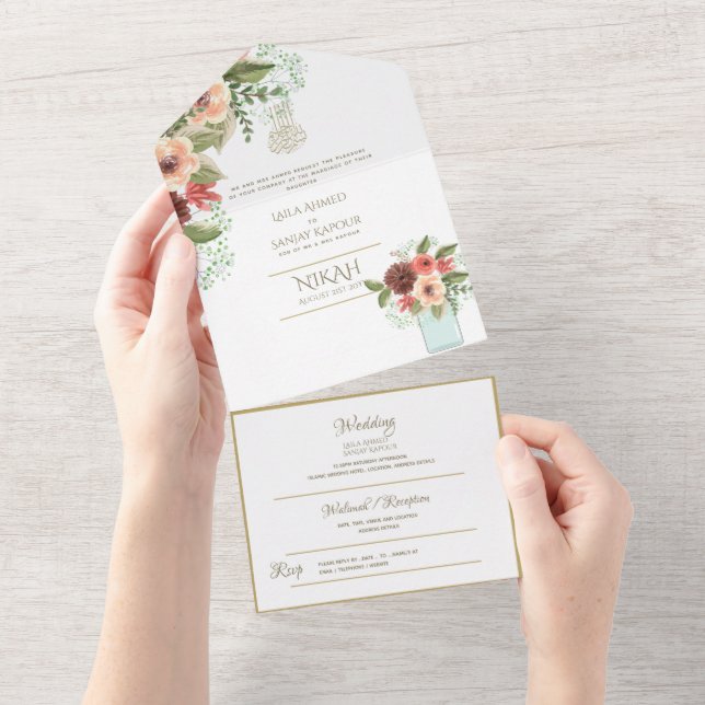 Invitación Todo En Uno El BODA islámico NIKAH WALLIMAH Gold Floral All In (desgarro)