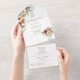 Invitación Todo En Uno El BODA islámico NIKAH WALLIMAH Gold Floral All In