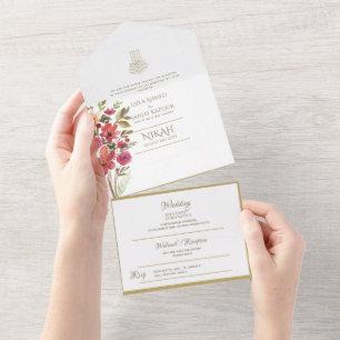 Invitación Todo En Uno El BODA islámico NIKAH WALLIMAH Gold Floral All In