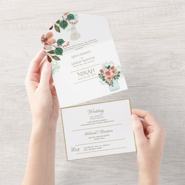 Invitación Todo En Uno El BODA islámico NIKAH WALLIMAH Gold Floral All In (desgarro)
