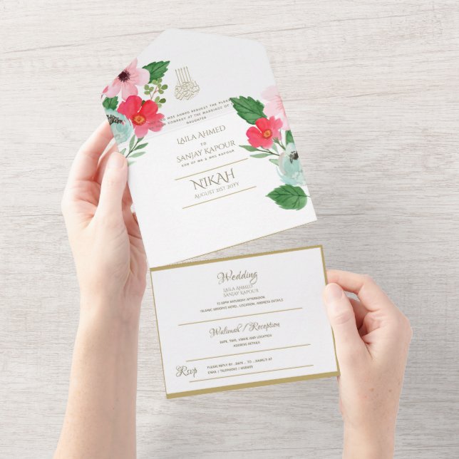 Invitación Todo En Uno El BODA islámico NIKAH WALLIMAH Gold Floral All In (desgarro)