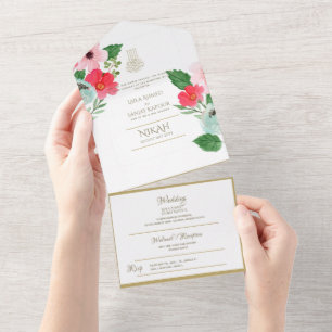 Invitación Todo En Uno El BODA islámico NIKAH WALLIMAH Gold Floral All In