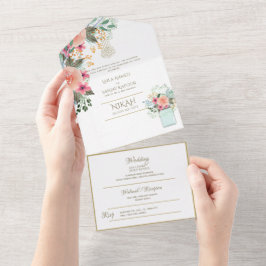 Invitación Todo En Uno El BODA islámico NIKAH WALLIMAH Gold Floral All In