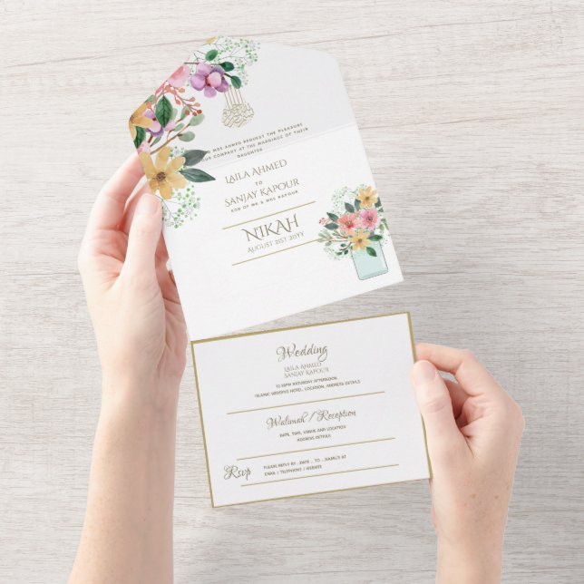 Invitación Todo En Uno El BODA islámico NIKAH WALLIMAH Gold Floral All In (desgarro)
