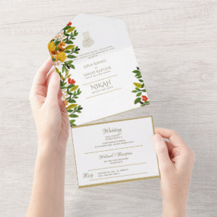 Invitación Todo En Uno El BODA islámico NIKAH WALLIMAH Gold Floral All In