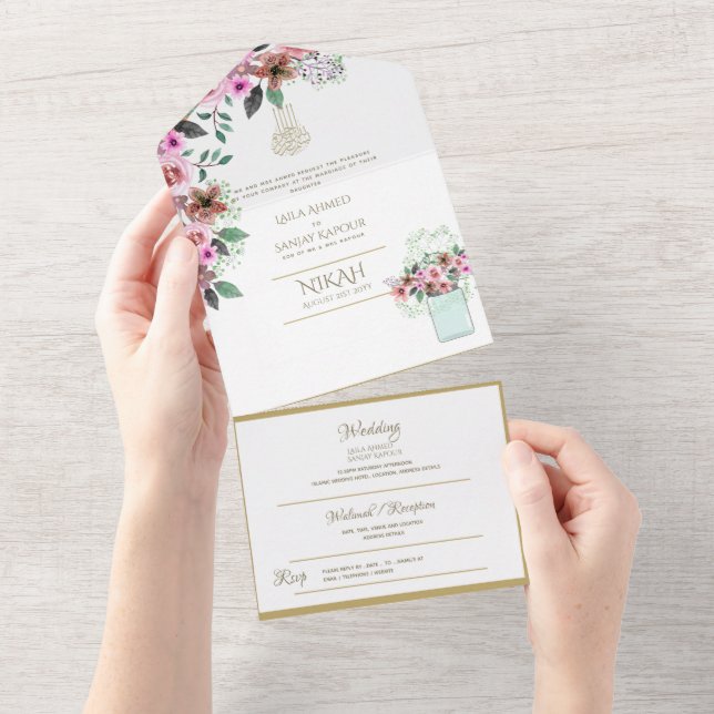 Invitación Todo En Uno El BODA islámico NIKAH WALLIMAH Gold Floral All In (desgarro)