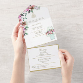 Invitación Todo En Uno El BODA islámico NIKAH WALLIMAH Gold Floral All In