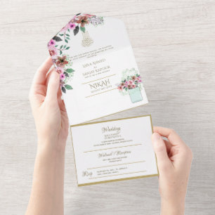 Invitación Todo En Uno El BODA islámico NIKAH WALLIMAH Gold Floral All In