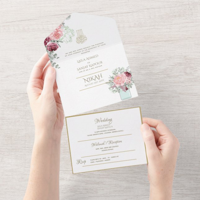 Invitación Todo En Uno El BODA islámico NIKAH WALLIMAH Gold Floral All In (desgarro)