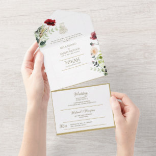 Invitación Todo En Uno El BODA islámico NIKAH WALLIMAH Gold Floral All In