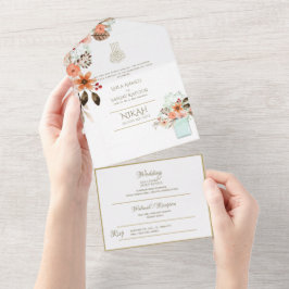 Invitación Todo En Uno El BODA islámico NIKAH WALLIMAH Gold Floral All In