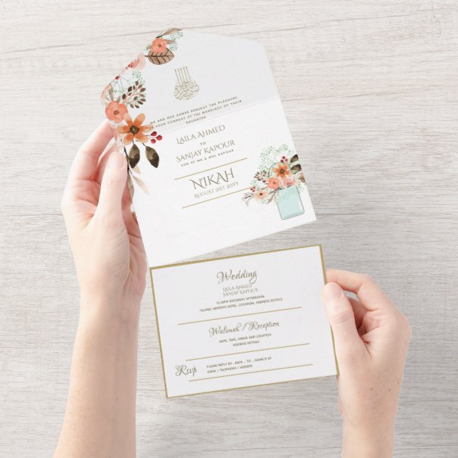 Invitación Todo En Uno El BODA islámico NIKAH WALLIMAH Gold Floral All In (desgarro)