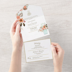 Invitación Todo En Uno El BODA islámico NIKAH WALLIMAH Gold Floral All In