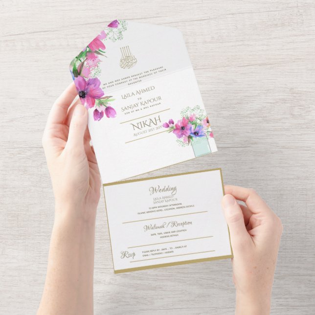 Invitación Todo En Uno El BODA islámico NIKAH WALLIMAH Gold Floral All In (desgarro)