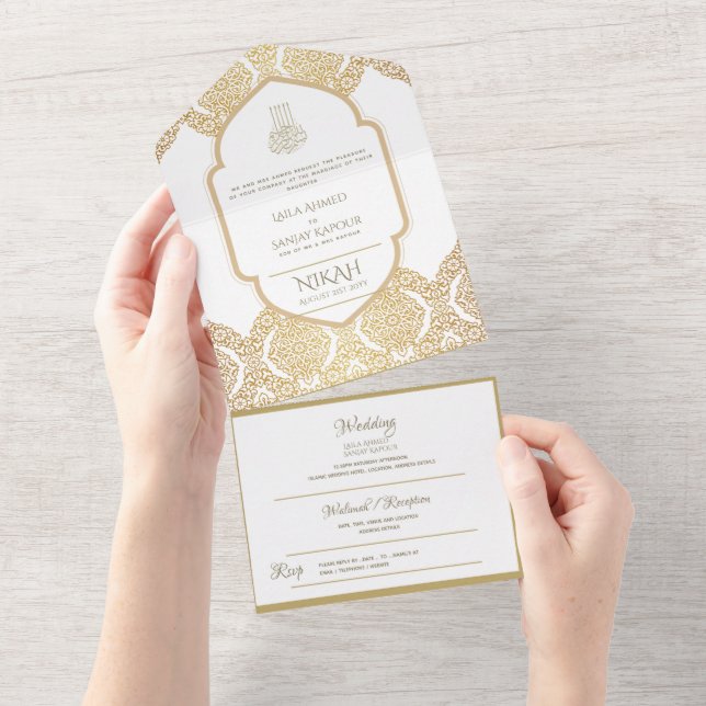 Invitación Todo En Uno El BODA islámico NIKAH WALLIMAH Ornate Oro En (desgarro)