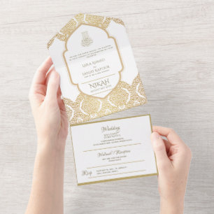 Invitación Todo En Uno El BODA islámico NIKAH WALLIMAH Ornate Oro En