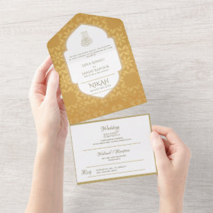 Invitación Todo En Uno El BODA islámico NIKAH WALLIMAH Ornate Oro En