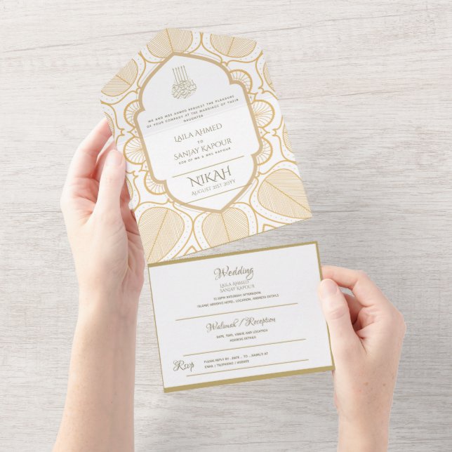 Invitación Todo En Uno El BODA islámico NIKAH WALLIMAH Ornate Oro En (desgarro)