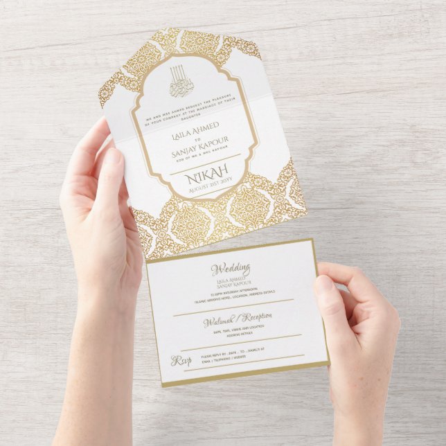 Invitación Todo En Uno El BODA islámico NIKAH WALLIMAH Ornate Oro En (desgarro)