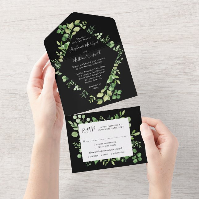 Invitación Todo En Uno El follaje verde deja al Boda botánico negro (desgarro)