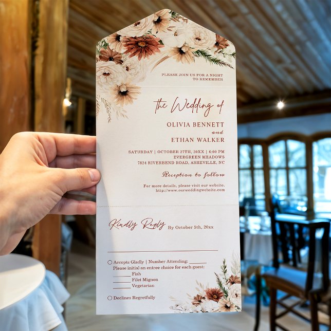 Invitación Todo En Uno El incansable Boho Earthy Tedon Floral Boda (Subido por el creador)