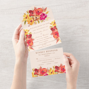 Invitación Todo En Uno El Naranja ruso Terracotta Fall Boho Wedding RSVP