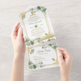 Invitación Todo En Uno El Oro Quinceañera Sage La Corona Verde Todo En Un