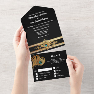 Invitación Todo En Uno El pavo real engalana el oro negro elegante minima