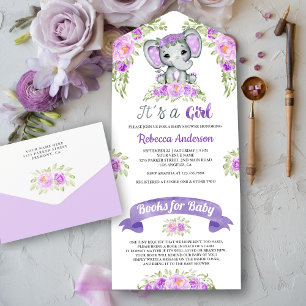 Invitación Todo En Uno Elefante de color morado floral Baby Shower