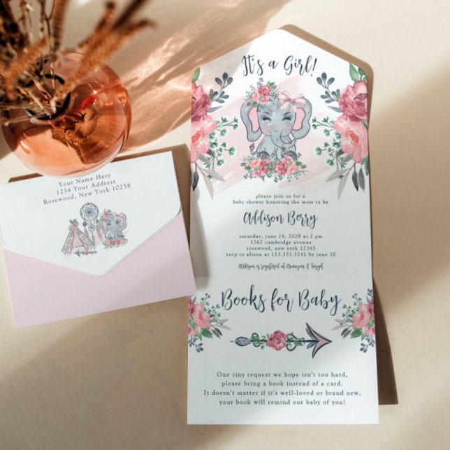 Invitación Todo En Uno Elefante Es un Baby Shower rosa Chica (Subido por el creador)