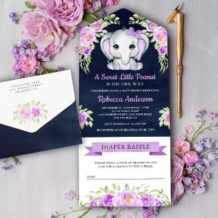 Invitación Todo En Uno Elefante Floral con Lazo Morado Ducha de Bebe Azul