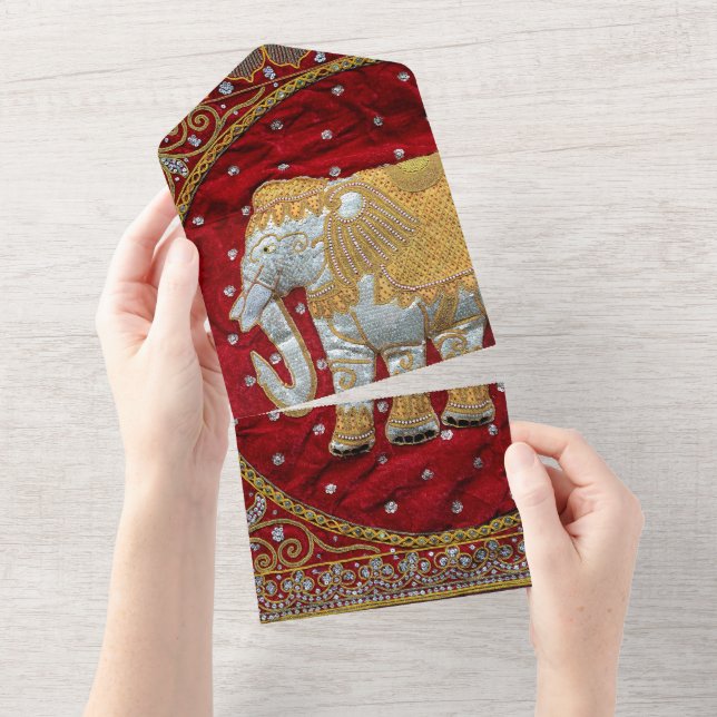 Invitación Todo En Uno Elefante indio embellecido rojo y oro (desgarro)