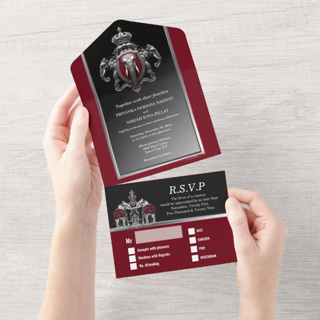 Invitación Todo En Uno elefantes hindúes hindúes damasquean negro burdeos (desgarro)