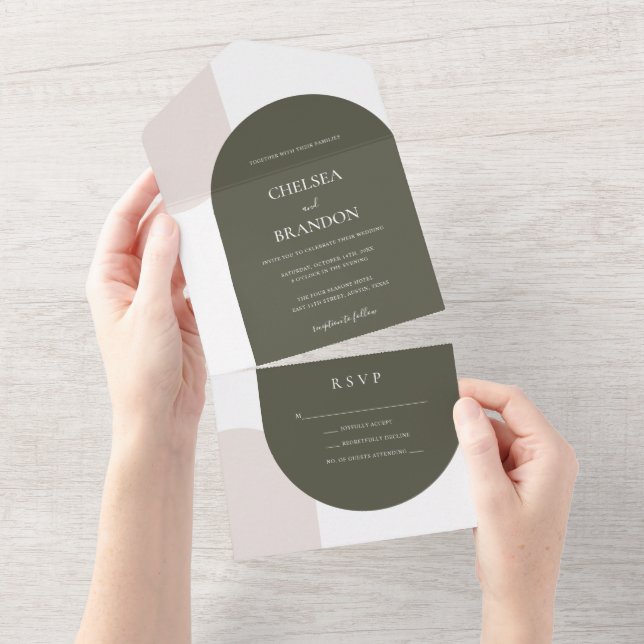 Invitación Todo En Uno Elegance Bohemian Arches Sage Green Beige Wedding (desgarro)