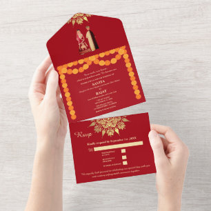 Invitación Todo En Uno Elegancia Carmesí Boda India Moderna Rojo y Dorado