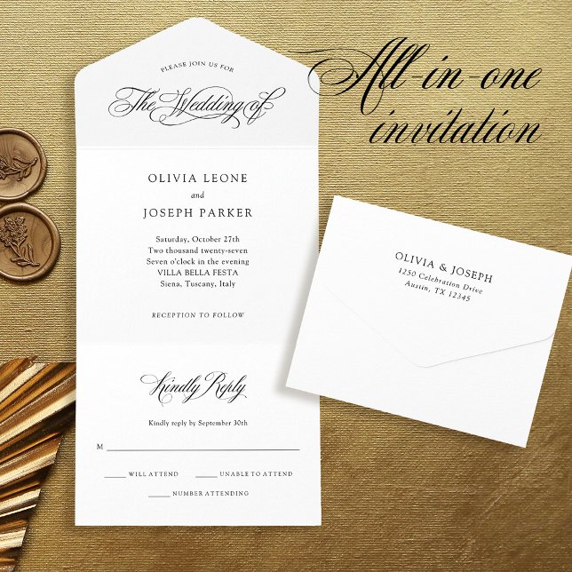 Invitación Todo En Uno Elegancia clásica italiana | Boda blanco y negro (Subido por el creador)