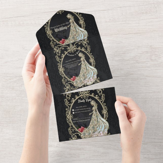 Invitación Todo En Uno Elegancia en oro y negro. (desgarro)