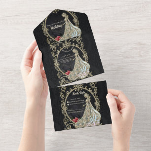 Invitación Todo En Uno Elegancia en oro y negro.