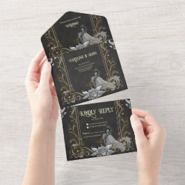 Invitación Todo En Uno Elegancia en plata y negro.