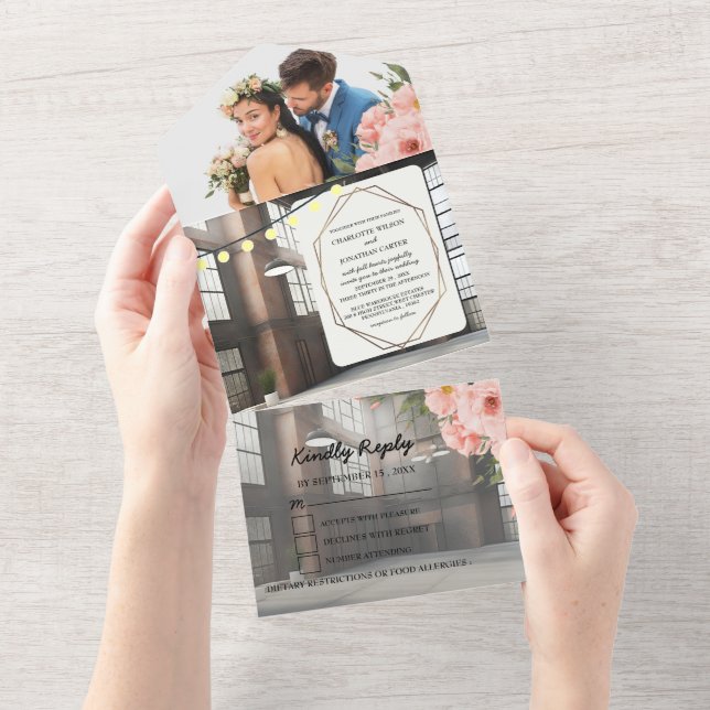 Invitación Todo En Uno Elegancia industrial Boda de Moda moderna (desgarro)